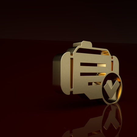 Gold Check engine icon isolated on brown background. Minimalism concept. 3D render illustrationの写真素材