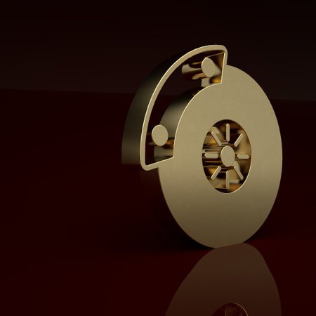 Gold Car brake disk with caliper icon isolated on brown background. Minimalism concept. 3D render illustrationの写真素材