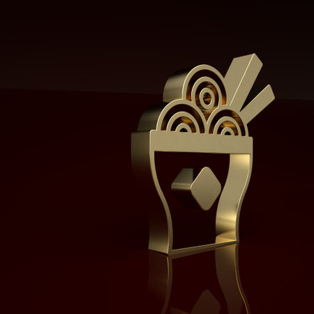 Gold Asian noodles in bowl and chopsticks icon isolated on brown background. Street fast food. Korean, Japanese, Chinese food. Minimalism concept. 3D render illustrationの写真素材