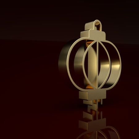 Gold Chinese paper lantern icon isolated on brown background. Minimalism concept. 3D render illustrationの写真素材