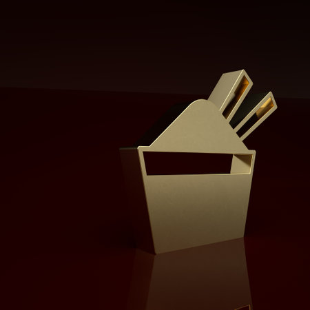Gold Rice in a bowl with chopstick icon isolated on brown background. Traditional Asian food. Minimalism concept. 3D render illustrationの写真素材