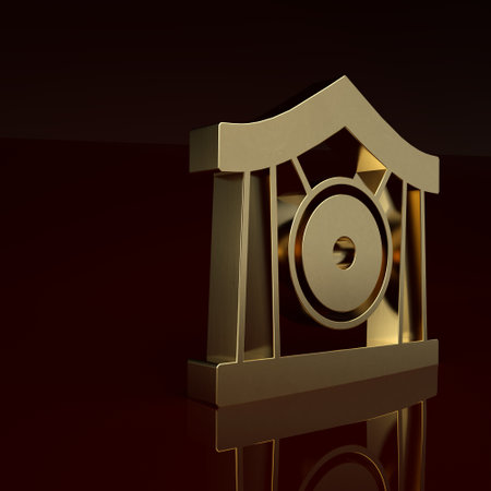 Gold Gong musical percussion instrument circular metal disc icon isolated on brown background. Minimalism concept. 3D render illustrationの写真素材