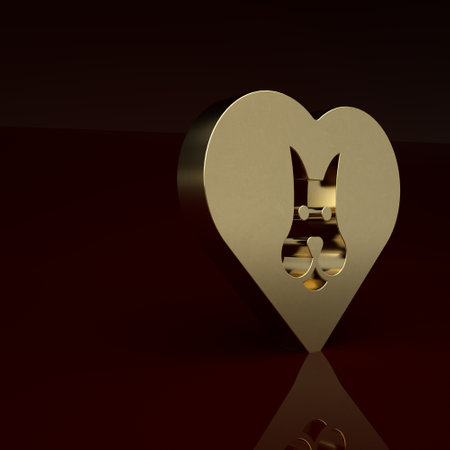 Gold Heart with dog icon isolated on brown background. Pet paw in heart. Love to the animals. Minimalism concept. 3D render illustrationの写真素材
