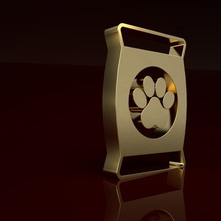 Gold Bag of food for pet icon isolated on brown background. Food for animals. Dog bone sign. Pet food package. Minimalism concept. 3D render illustrationの写真素材
