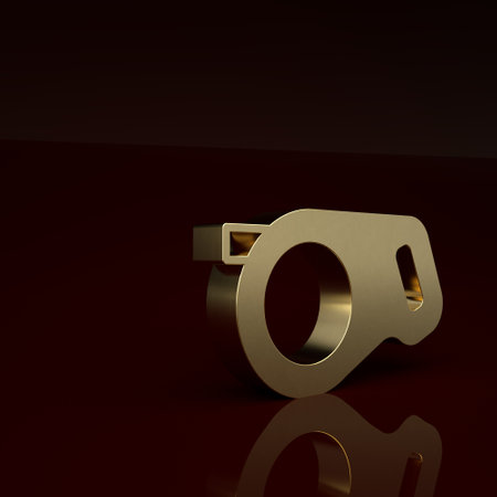 Gold Retractable cord leash with carabiner icon isolated on brown background. Pet dog lead. Animal accessory for outdoors walk. Minimalism concept. 3D render illustrationの写真素材