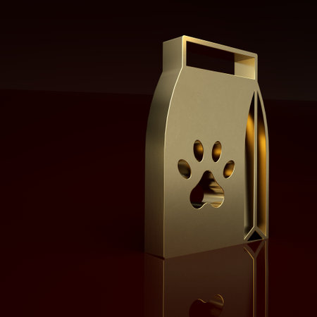 Gold Bag of food for pet icon isolated on brown background. Food for animals. Dog bone sign. Pet food package. Minimalism concept. 3D render illustrationの写真素材