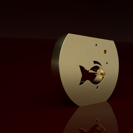 Gold Aquarium with fish icon isolated on brown background. Round glass aquarium. Aquarium for home and pets. Minimalism concept. 3D render illustrationの写真素材