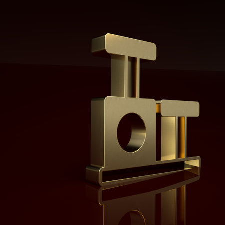 Gold Cat scratching post with toy icon isolated on brown background. Minimalism concept. 3D render illustrationの写真素材