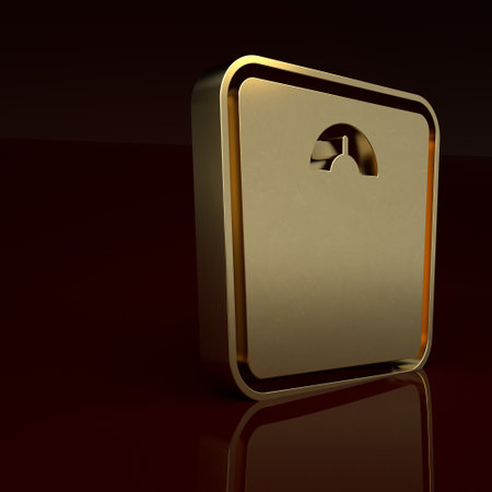 Gold Bathroom scales icon isolated on brown background. Weight measure Equipment. Weight Scale fitness sport concept. Minimalism concept. 3D render illustrationの写真素材