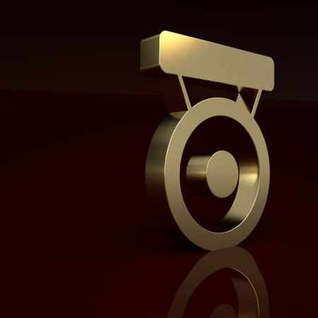 Gold Boxing gong icon isolated on brown background. Boxing bell. Minimalism concept. 3D render illustrationの写真素材