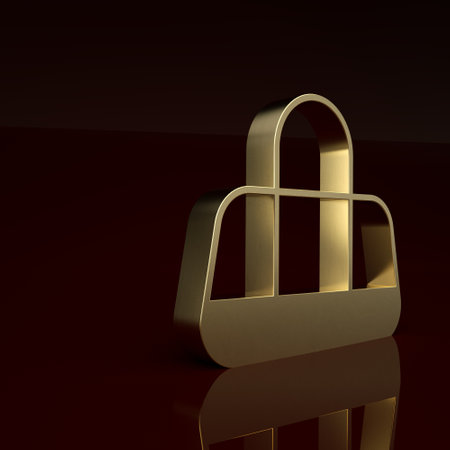 Gold Sport bag icon isolated on brown background. Minimalism concept. 3D render illustrationの写真素材