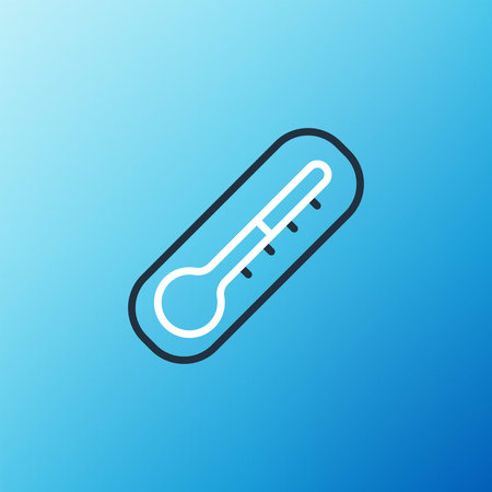 Line Meteorology thermometer measuring heat and cold icon isolated on blue background. Thermometer...