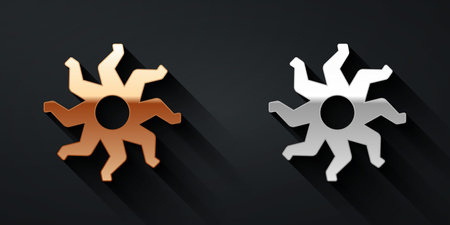 Gold and silver Sun icon isolated on black background. Long shadow style. Vectorのイラスト素材