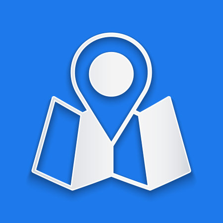 Paper cut Folded map with location marker icon isolated on blue background. Paper art style. Vectorのイラスト素材