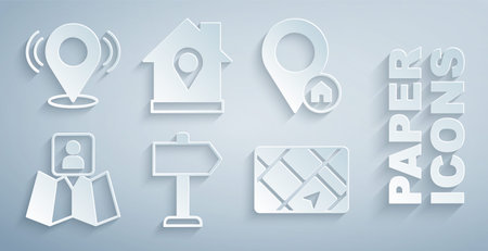 Set Road traffic sign, Location with house, Folded map location marker, Gps device, and Map pin icon. Vectorのイラスト素材