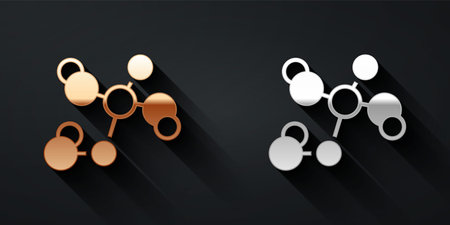 Gold and silver Chemical formula icon isolated on black background. Abstract hexagon for innovation medicine, health, research and science. Long shadow style. Vectorのイラスト素材
