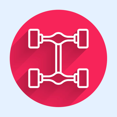 White line Chassis car icon isolated with long shadow background. Red circle button. Vectorのイラスト素材