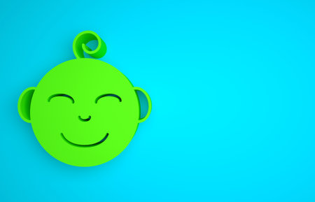Green Happy little boy head icon isolated on blue background. Face of baby boy. Minimalism concept. 3D render illustrationの写真素材