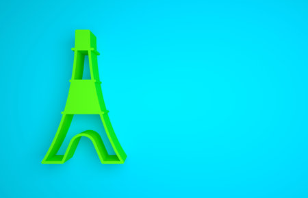 Green Eiffel tower icon isolated on blue background. France Paris landmark symbol. Minimalism concept. 3D render illustrationの写真素材