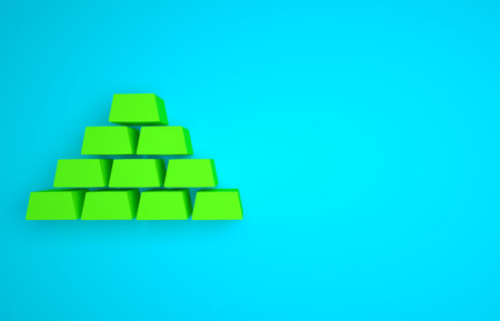 Green Gold bars icon isolated on blue background. Banking business concept. Minimalism concept. 3D render illustrationの写真素材