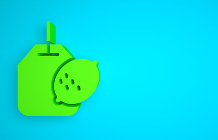 Green Tea bag with lemon icon isolated on blue background. Minimalism concept. 3D render illustrationの写真素材