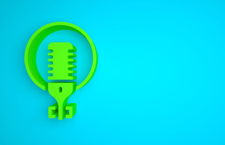 Green Microphone icon isolated on blue background. On air radio mic microphone. Speaker sign. Minimalism concept. 3D render illustrationの写真素材