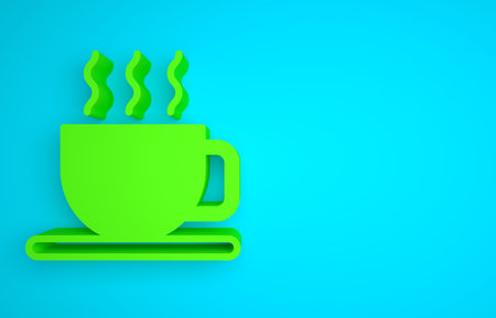 Green Cup of tea icon isolated on blue background. Minimalism concept. 3D render illustrationの写真素材