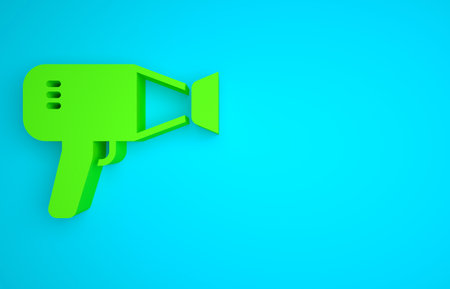 Green Hair dryer icon isolated on blue background. Hairdryer sign. Hair drying symbol. Blowing hot air. Minimalism concept. 3D render illustrationの写真素材