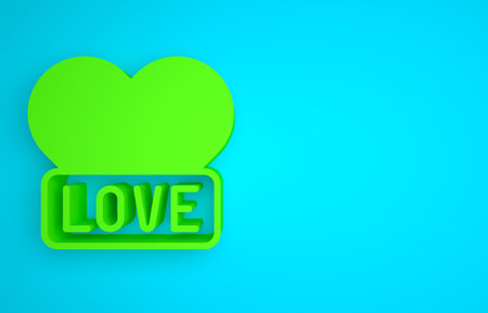 Green Heart icon isolated on blue background. Romantic symbol linked, join, passion and wedding. Happy Valentines day. Minimalism concept. 3D render illustrationの写真素材