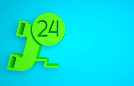 Green Telephone 24 hours support icon isolated on blue background. All-day customer support call-center. Full time call services. Minimalism concept. 3D render illustrationの写真素材
