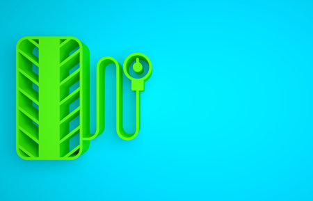 Green Tire pressure gauge icon isolated on blue background. Checking tire pressure. Gauge, manometer. Car safe concept. Minimalism concept. 3D render illustrationの写真素材