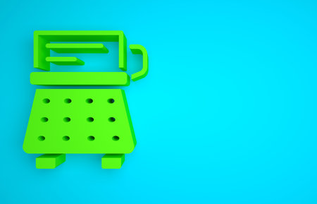 Green Retro typewriter and paper sheet icon isolated on blue background. Minimalism concept. 3D render illustrationの写真素材