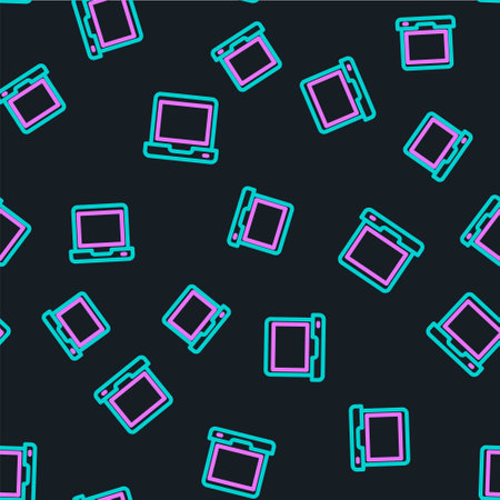 Line Laptop icon isolated seamless pattern on black background. Computer notebook with empty screen sign. Vectorのイラスト素材
