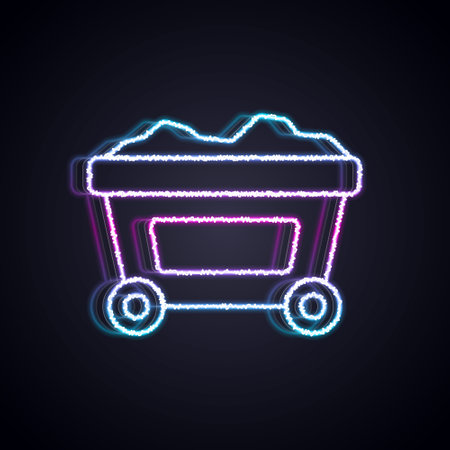 Glowing neon line Mine cart with gold icon isolated on black background. Vectorのイラスト素材