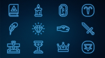 Set line Earth element, Medieval sword, Magic runes, Diamond, Feather pen, Ancient magic book, Snake and Burning candle icon. Vectorのイラスト素材