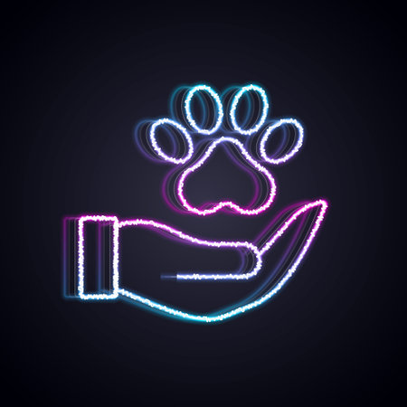 Glowing neon line Hands with animals footprint icon isolated on black background. Pet paw in heart. Love to the animals. Vectorのイラスト素材