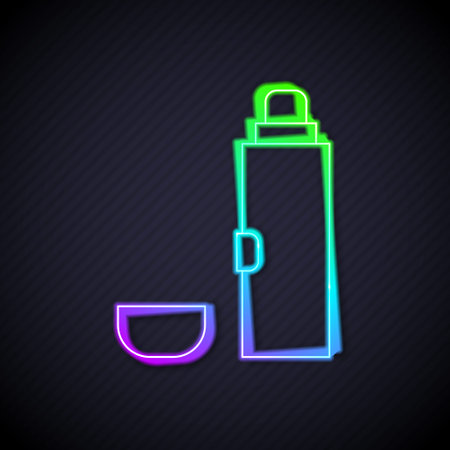 Glowing neon line container icon isolated on black background. Thermo flask icon. Camping and hiking equipment. Vectorのイラスト素材