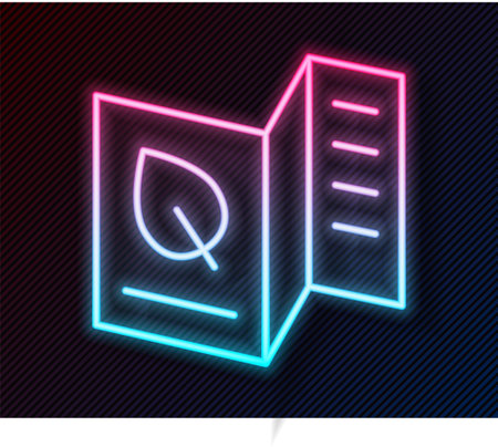 Glowing neon line Vegetarian food menu icon isolated on black background. Vegan food menu for restaurant and cafe. Vectorのイラスト素材