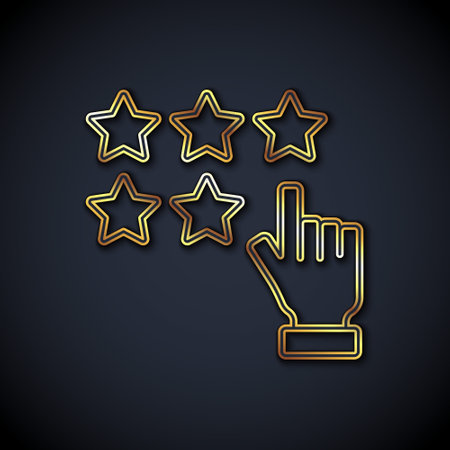 Gold line Five stars customer product rating review icon isolated on black background. Favorite, best rating, award symbol. Vectorのイラスト素材