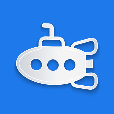 Paper cut Submarine toy icon isolated on blue background. Paper art style. Vectorのイラスト素材