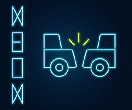 Glowing neon line Car accident icon isolated on black background. Auto accident involving two cars. Colorful outline concept. Vectorのイラスト素材