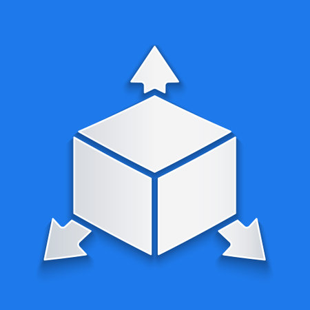 Paper cut Isometric cube icon isolated on blue background. Geometric cubes solid icon. 3D square sign. Box symbol. Paper art style. Vectorのイラスト素材