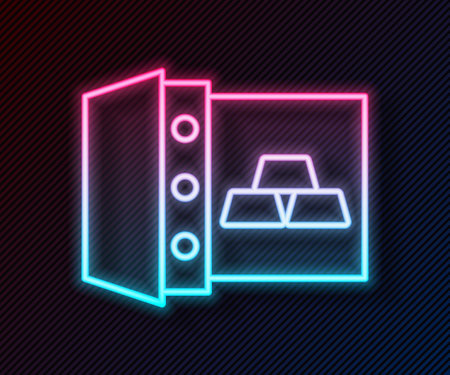 Glowing neon line Safe with gold bars icon isolated on black background. Precious metals on deposit in bank. Metallic treasury. Reliable data protection. Vectorのイラスト素材