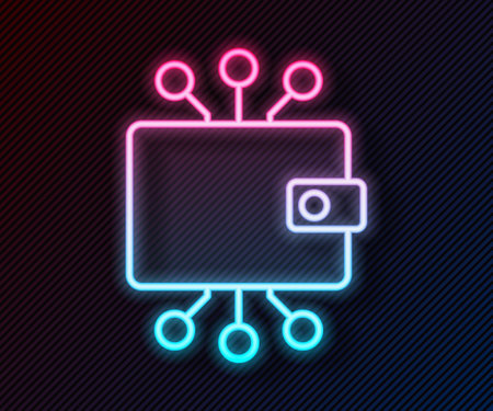 Glowing neon line Cryptocurrency wallet icon isolated on black background. Wallet and bitcoin sign. Mining concept. Money, payment, cash, pay icon. Vectorのイラスト素材