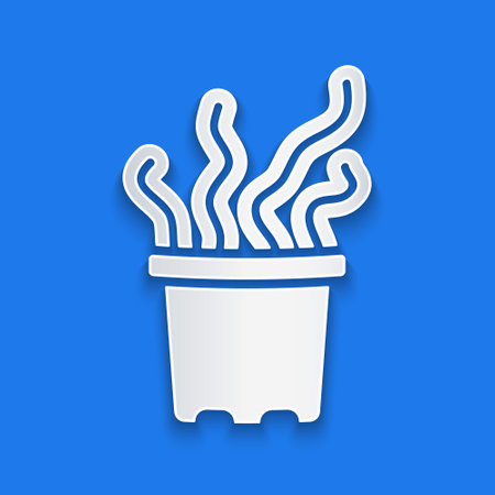 Paper cut Exotic tropical plant in pot icon isolated on blue background. Paper art style. Vectorのイラスト素材