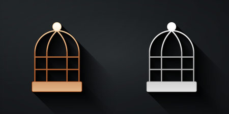 Gold and silver Cage for birds icon isolated on black background. Long shadow style. Vectorのイラスト素材