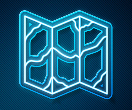 Glowing neon line Folded map icon isolated on blue background. Vectorのイラスト素材