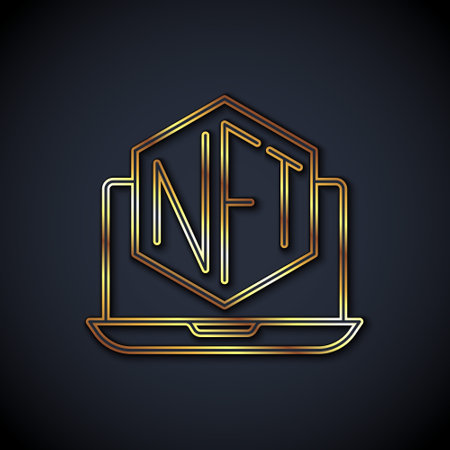 Gold line Laptop with art store app icon isolated on black background. Technology of selling NFT tokens for cryptocurrency. Non fungible token concept. Vectorのイラスト素材