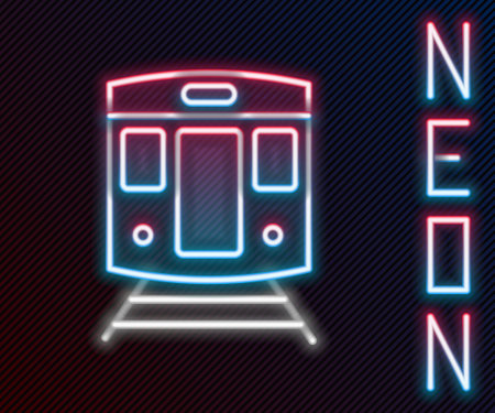 Glowing neon line Train and railway icon isolated on black background. Public transportation symbol. Subway train transport. Metro underground. Colorful outline concept. Vectorのイラスト素材