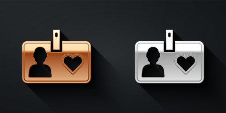 Gold and silver Identification card volunteer icon isolated on black background. Volunteer id card or badge. Long shadow style. Vectorのイラスト素材
